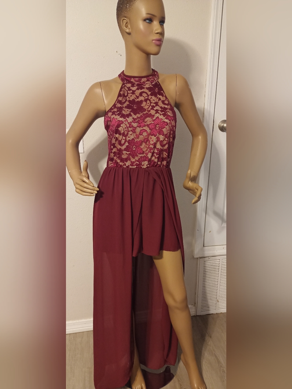 Burgundy Lace High-Neck Maxi Dress